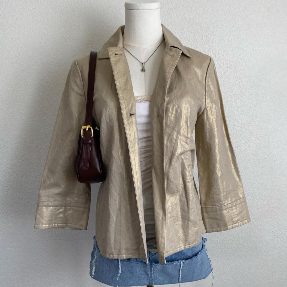 Vintage Additions by Chicos Gold Metalic 3/4 Sleeve Blazer Single Button